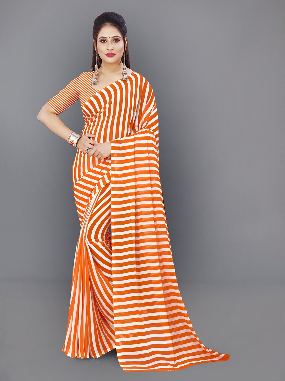 

ANAND SAREES Striped Printed Saree, Orange