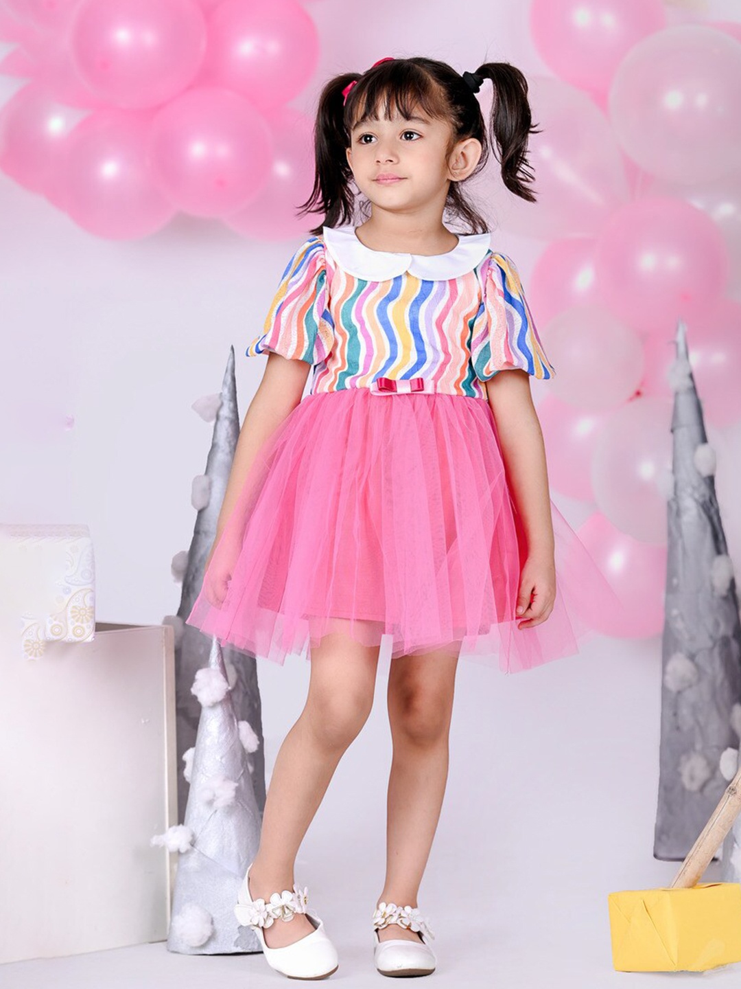 Foreverkidz Girls Striped Peter Pan Collar Puff Sleeves Net Mini Fit & Flare Dress, Pink