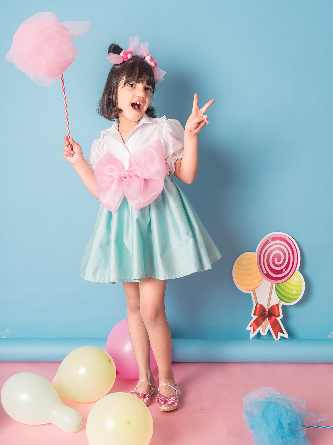 

Foreverkidz Girls Shirt Collar Short Puff Sleeves Bow Fit and Flare Mini Dress, Sea green