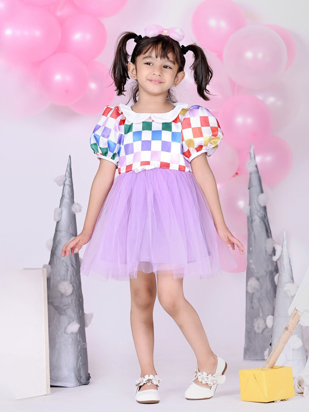 

Foreverkidz Girls Checked Print Peter Pan Collar Puff Sleeves Fit & Flare Mini Dress, Lavender