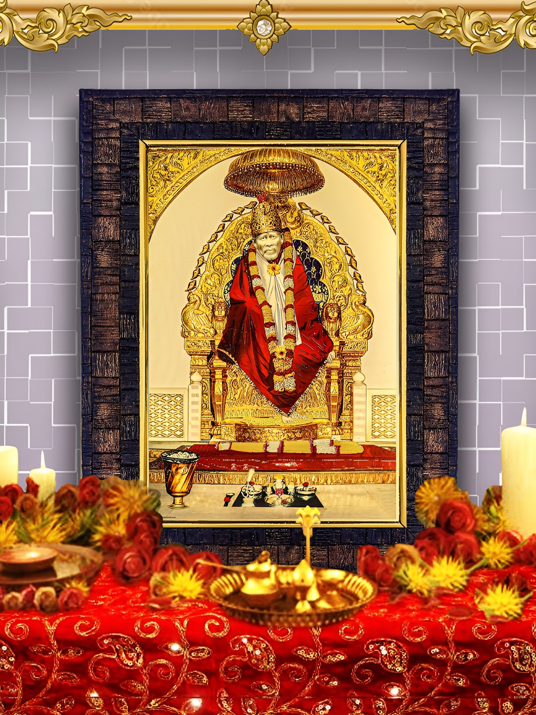 

Hawai Black & Brown Gold Plated Wooden Rectangle Sai Baba Wall Photo Frame