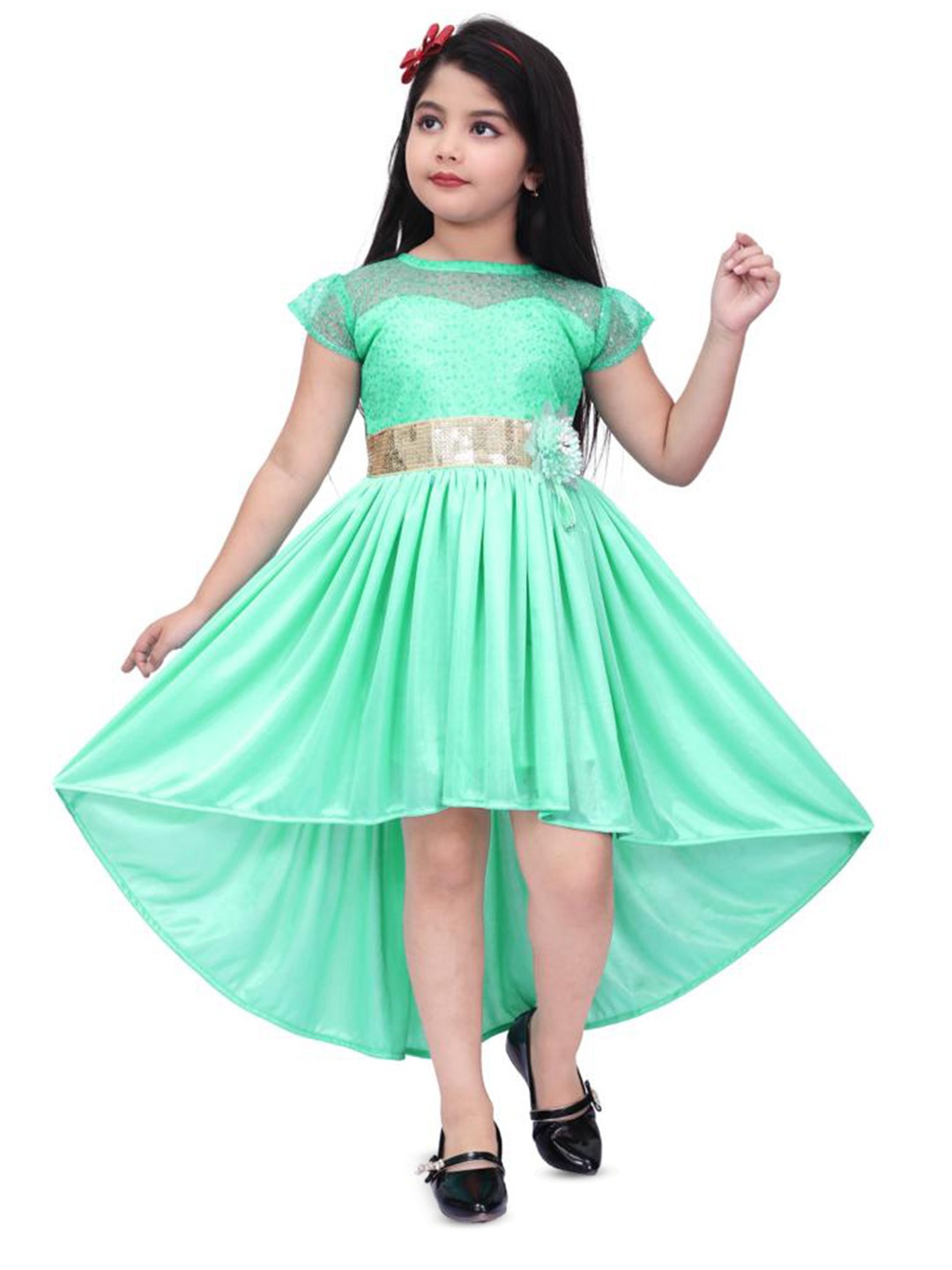 

BAESD Girls Embellished Tie Up Satin High Low Fit & Flare Dress, Green