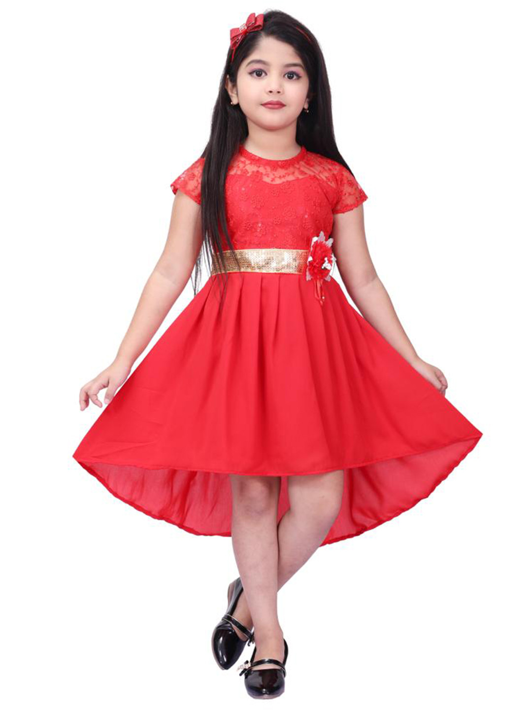 

BAESD Girls Embellished Tie Up Satin High Low Fit & Flare Dress, Red