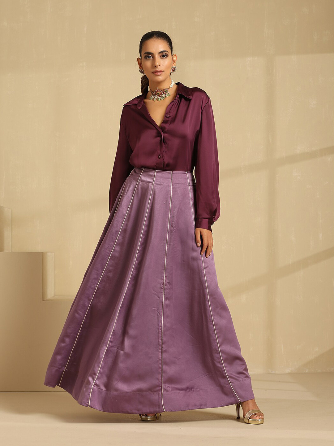 

indy Raaga Shirt Collar Satin Longline Top, Purple