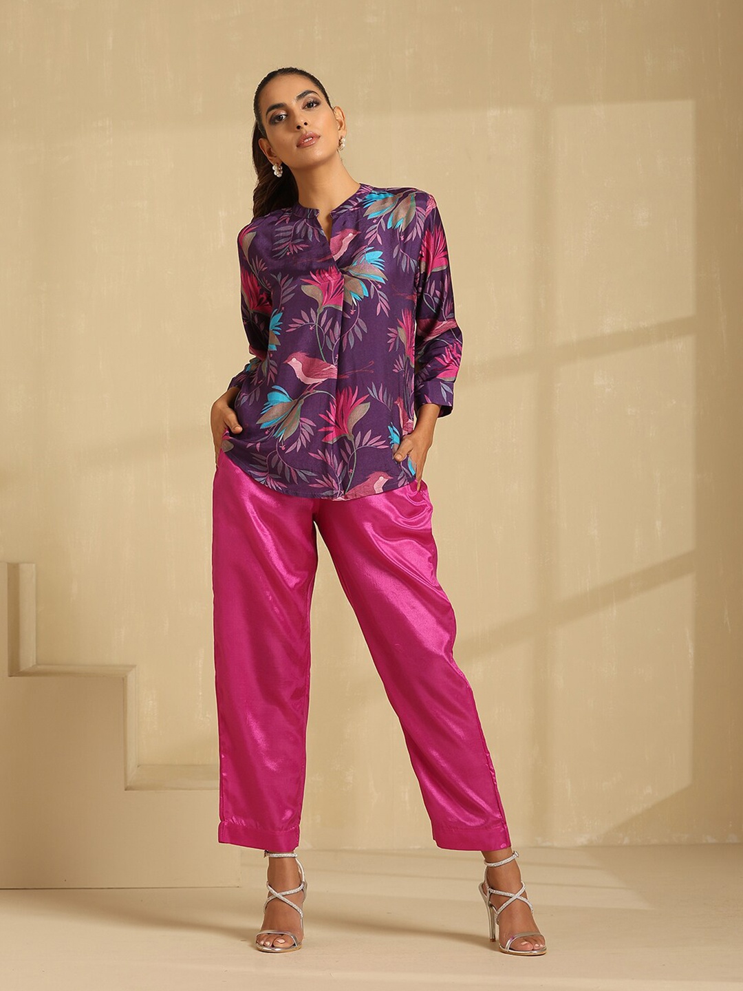 

indy Raaga Floral Print Band Collar Pure Silk Shirt Style Top, Purple