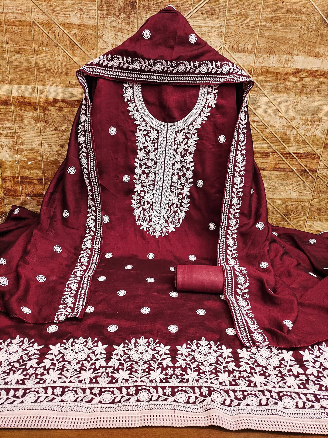 

LeeliPeeri Designer Floral Embroidered Unstitched Dress Material, Maroon
