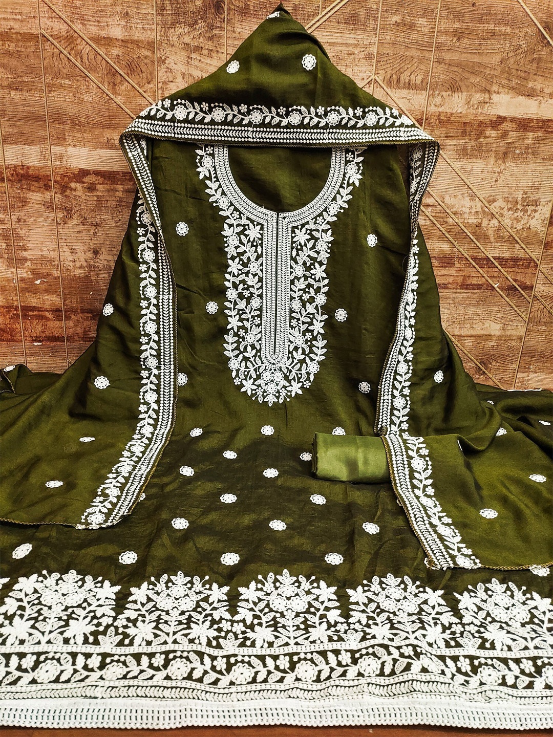 

LeeliPeeri Designer Floral Embroidered Unstitched Dress Material, Olive