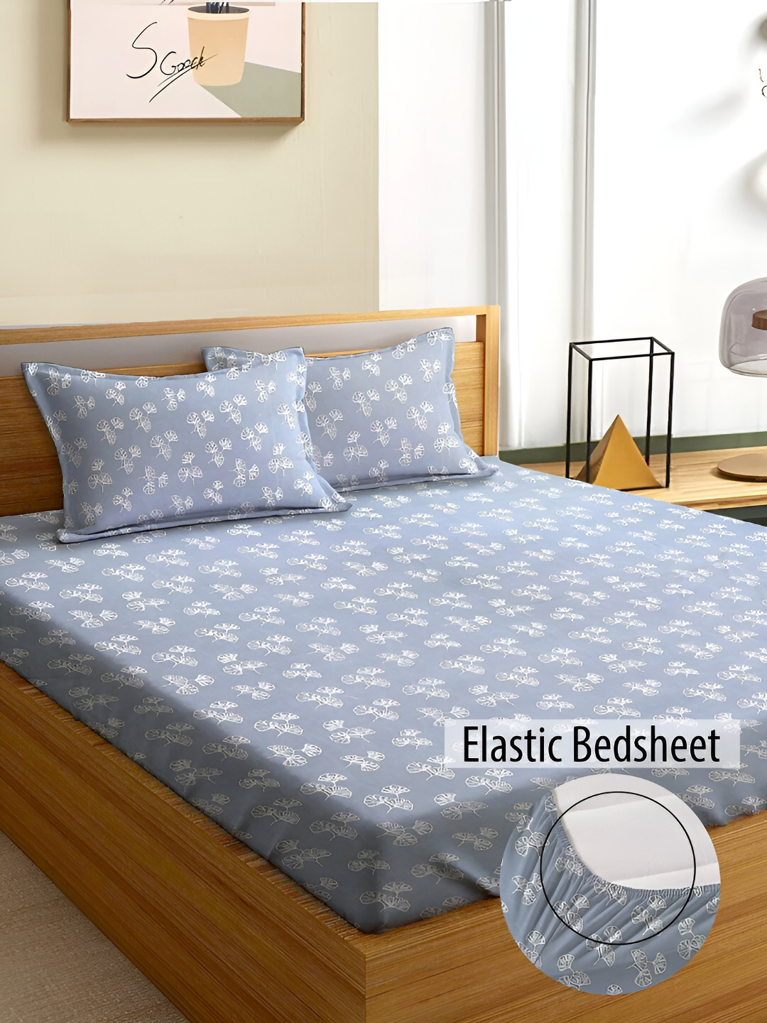 

Aura Grey & White Floral Fitted 180 TC Queen Double Size Bedsheet with 2 Pillow Covers