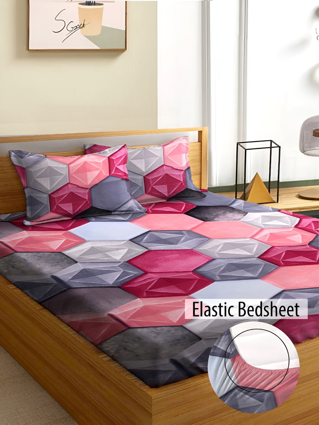 

Aura Pink & Grey Geometric Fitted 180 TC Queen Double Size Bedsheet with 2 Pillow Covers