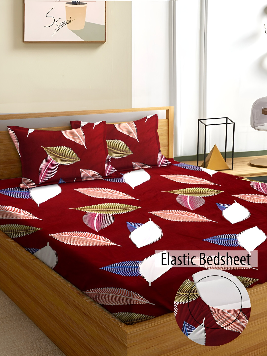 

Aura Maroon & White Floral Fitted 180 TC Queen Double Size Bedsheet with 2 Pillow Covers