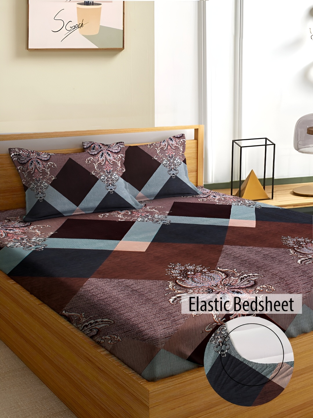 

Aura Blue & Brown Geometric Microfiber 180 TC Fitted Queen Bedsheet with 2 Pillow Covers
