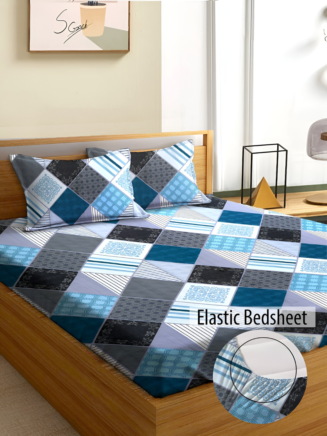 

Aura Blue & White Geometric Microfiber Fitted 180 TC Queen Bedsheet with 2 Pillow Covers