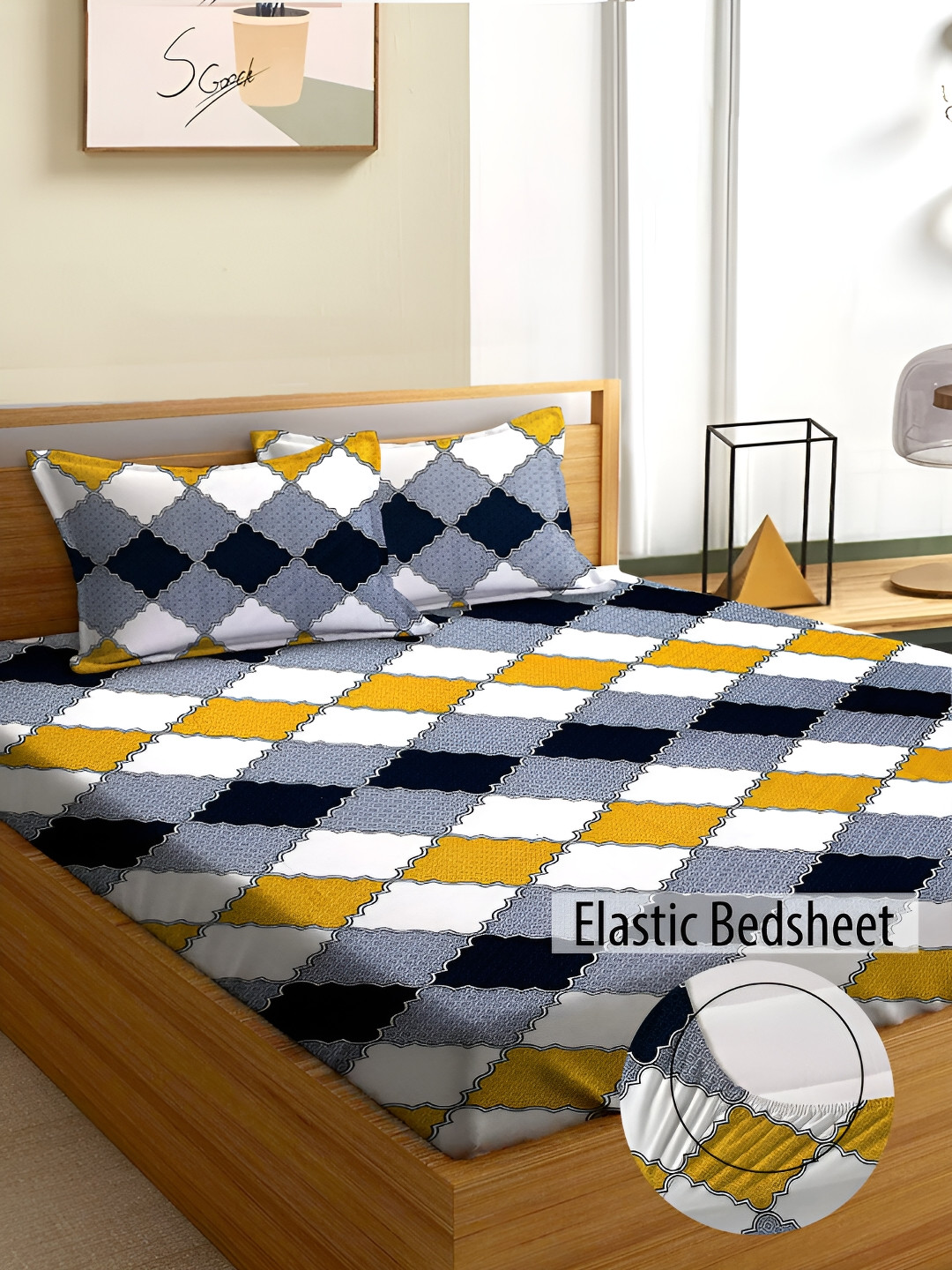 

Aura Grey & Black Geometric Microfiber Fitted 180 TC Queen Bedsheet with 2 Pillow Covers