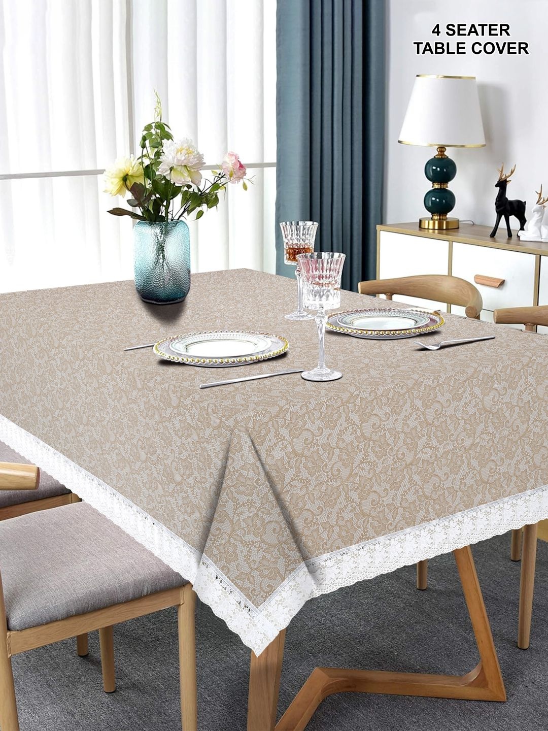 

DREAM WEAVERZ Beige & Brown Floral Printed Waterproof 4-Seater Table Cover