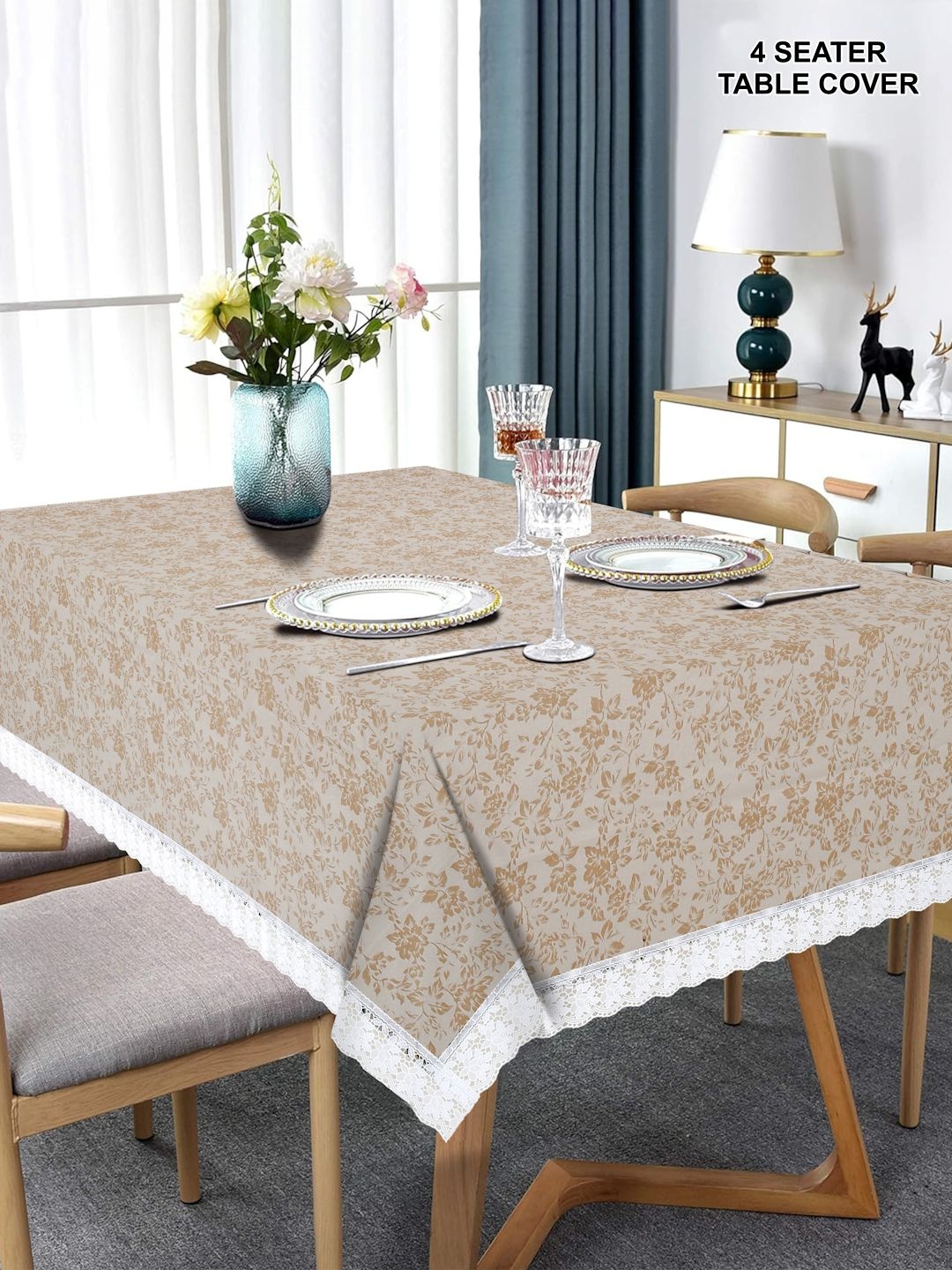 

DREAM WEAVERZ Beige & Grey Floral Printed Waterproof 6-Seater Table Cover