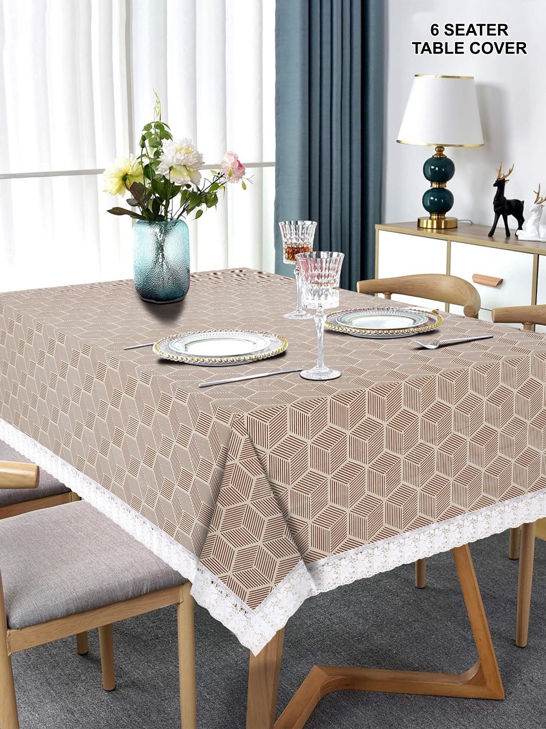 

DREAM WEAVERZ Beige & White Floral Printed Waterproof 6 Seater Table Cover