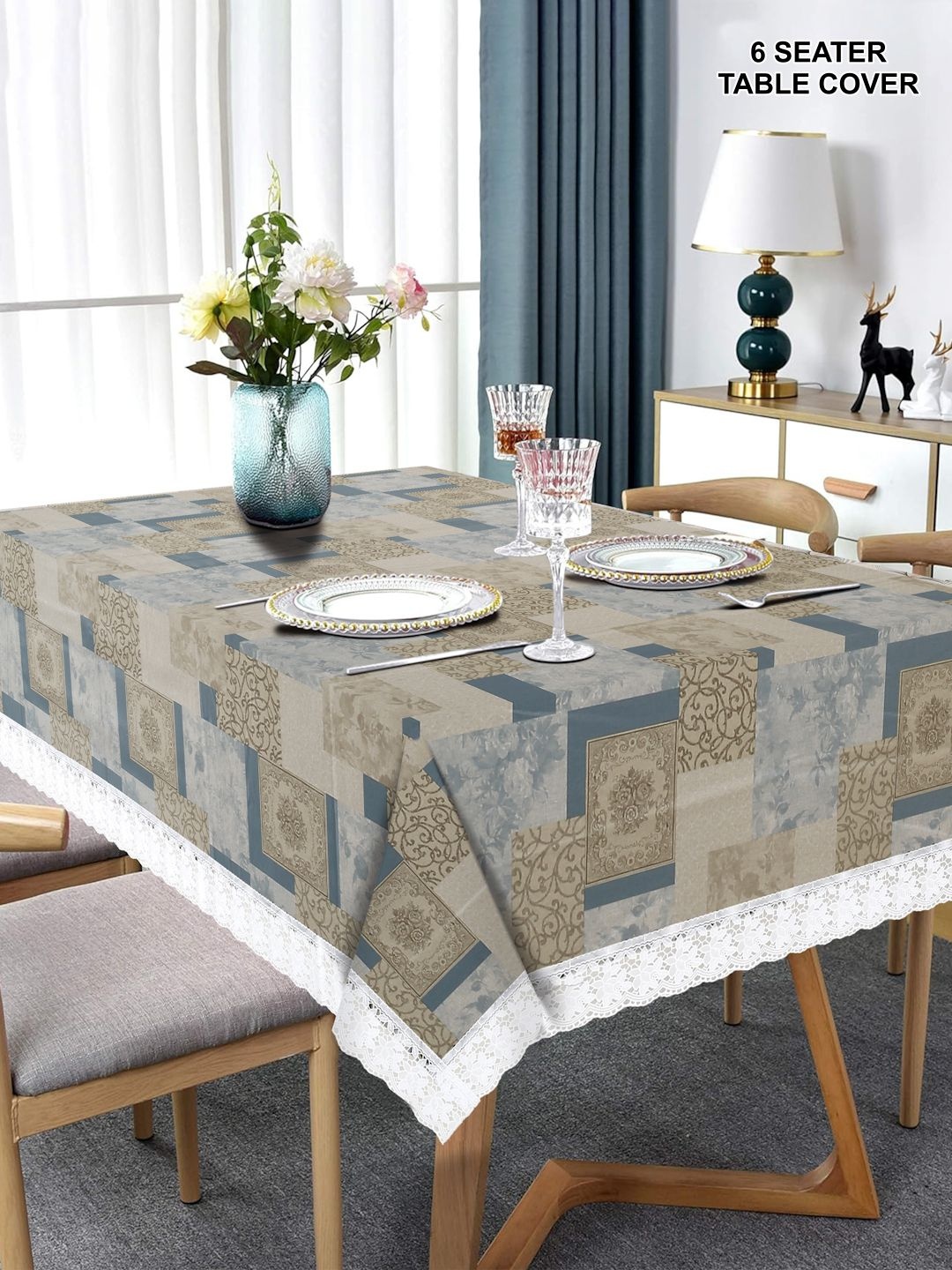 

DREAM WEAVERZ Grey & red Floral Rectangle Waterproof 6-Seater Table Cover