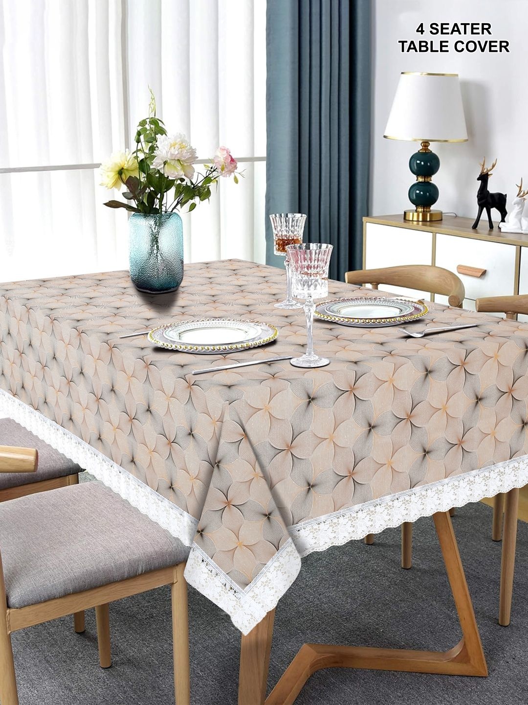 

DREAM WEAVERZ Beige & White Geometric Printed Waterproof 4-Seater Table Cover