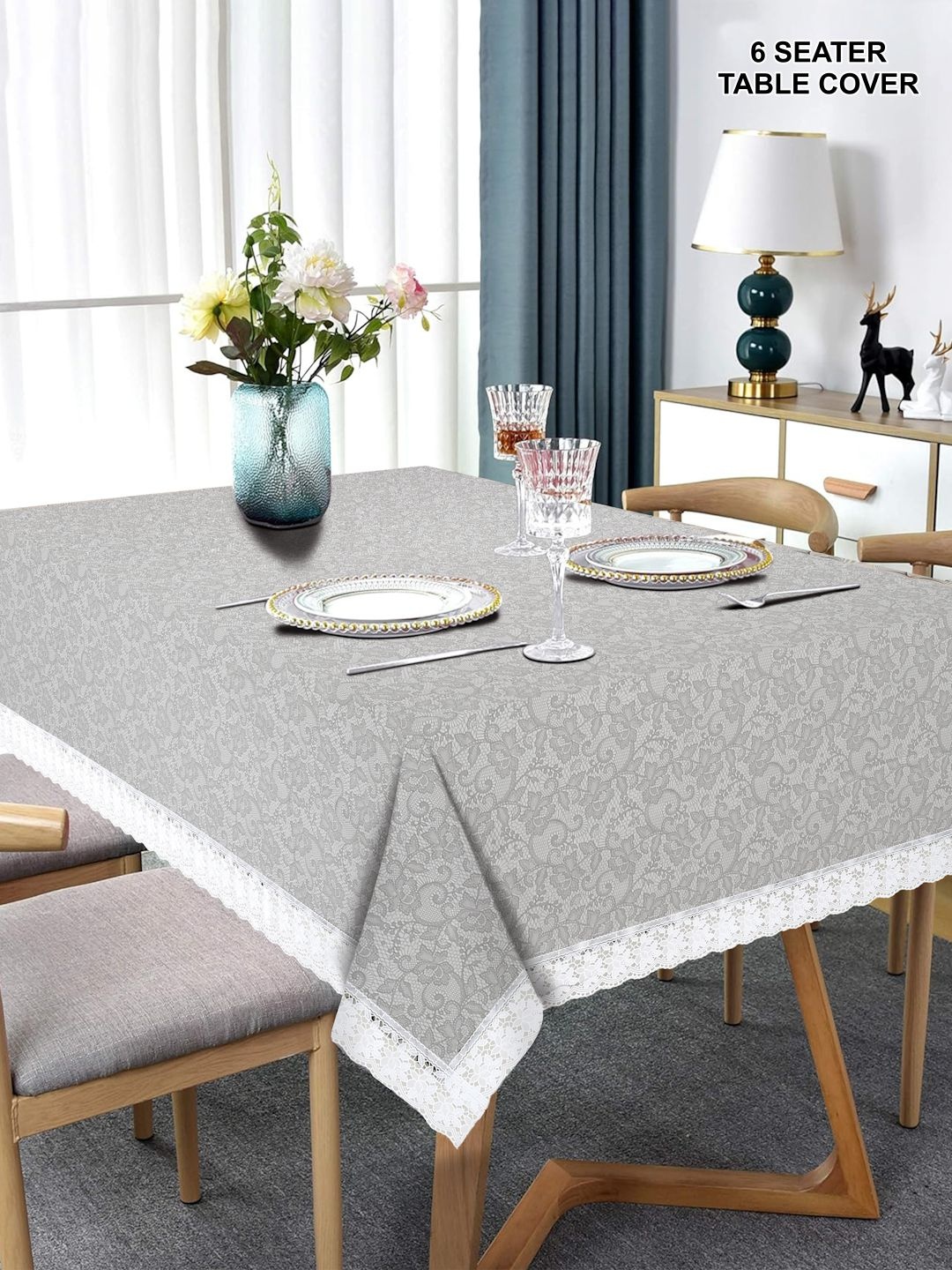 

DREAM WEAVERZ Beige & Black Floral Printed Waterproof 6-Seater Table Cover