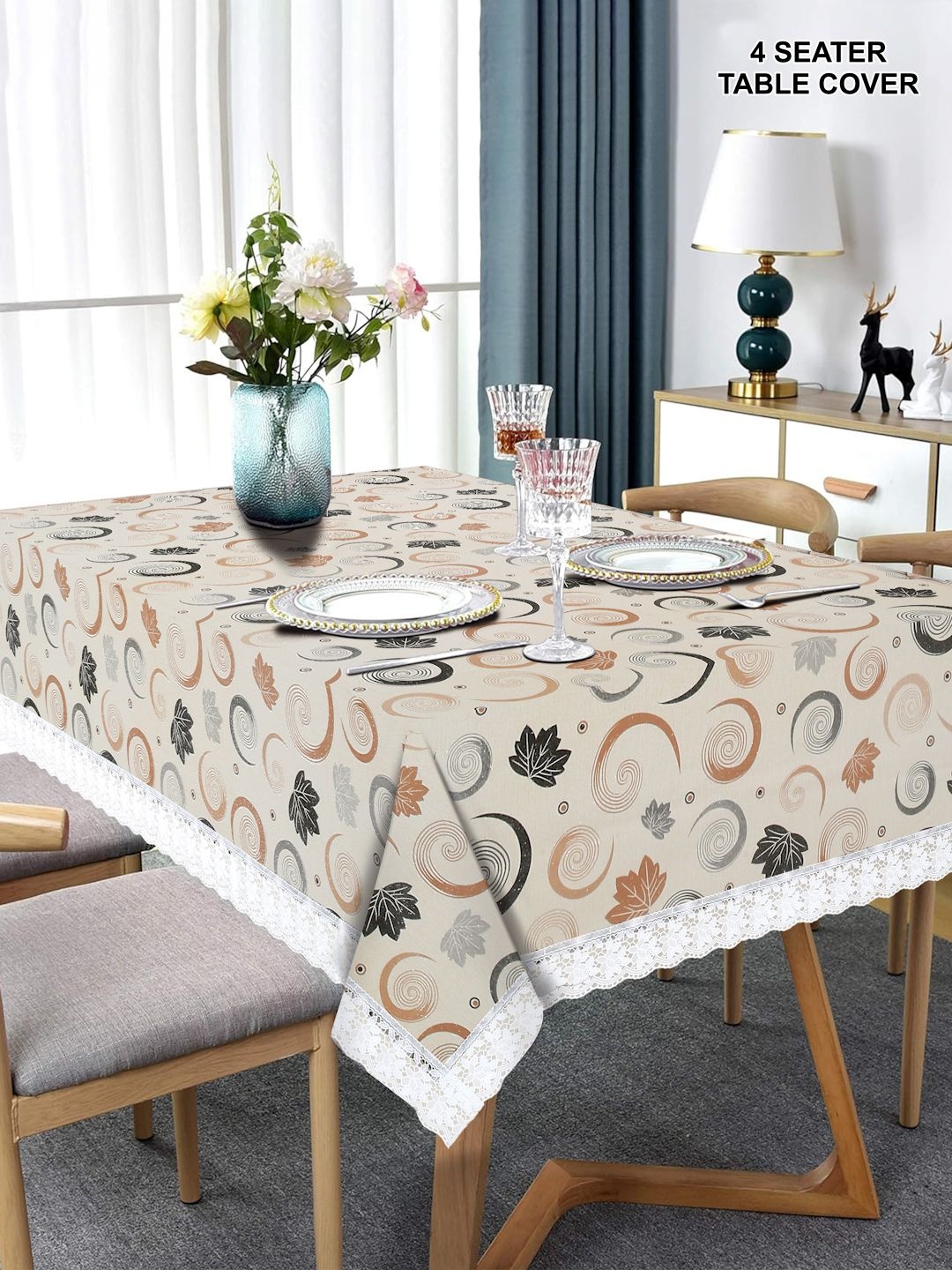 

DREAM WEAVERZ Beige & White Geometric Printed Waterproof 4-Seater Table Cover