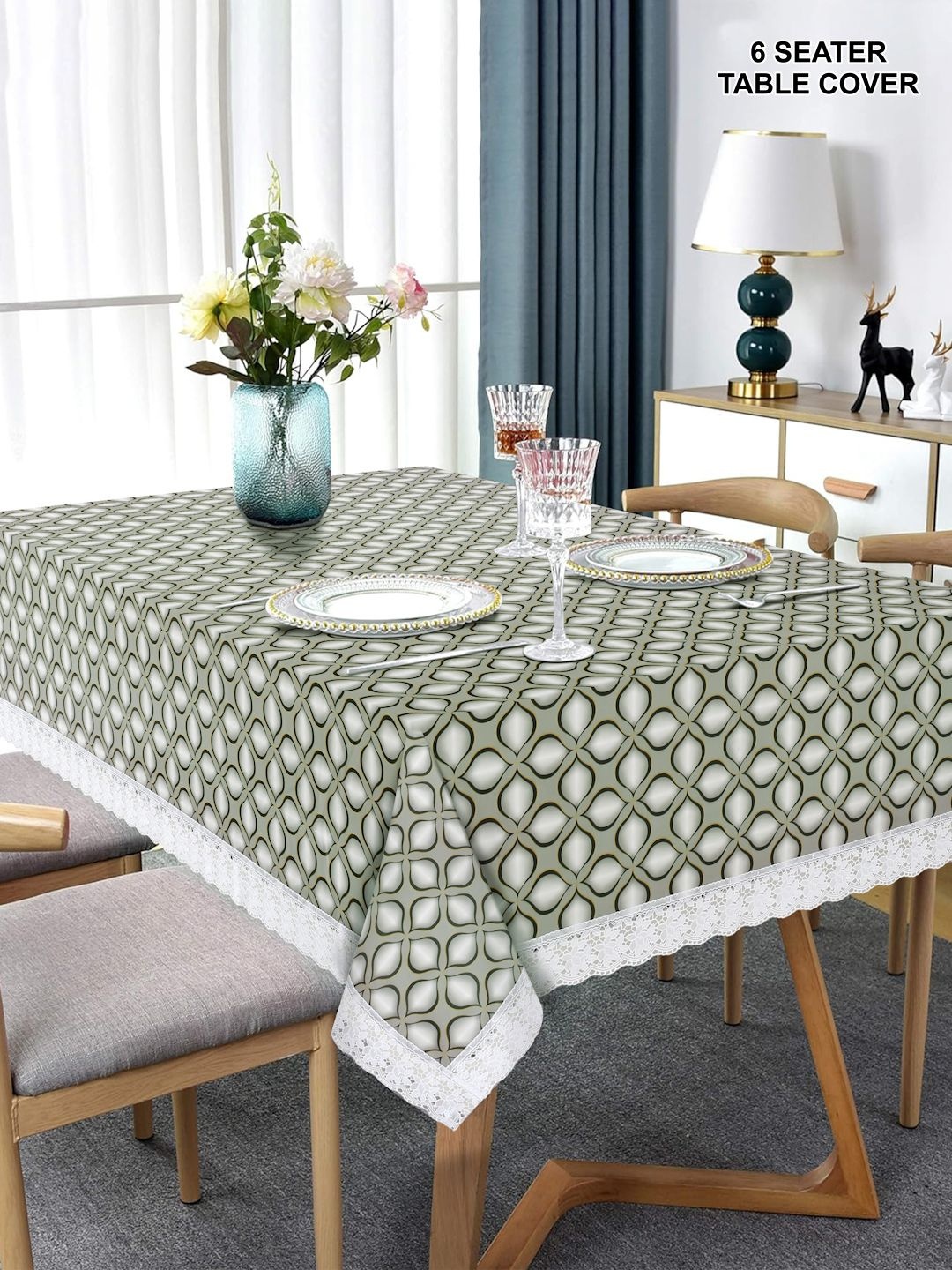

DREAM WEAVERZ Grey & White Floral Printed Waterproof 6-Seater Table Cover