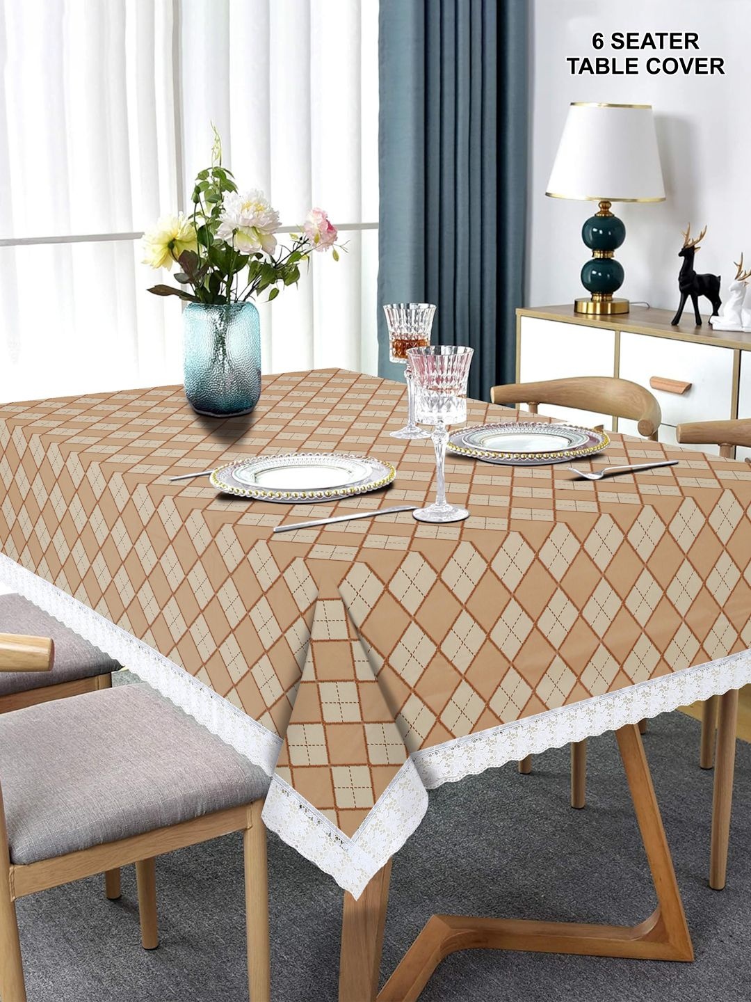 

DREAM WEAVERZ Beige & Brown Geometric Printed Waterproof 6-Seater Table Cover