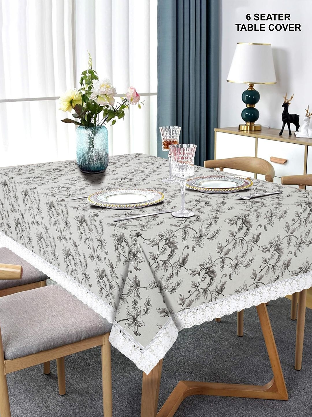 

DREAM WEAVERZ Beige & Blue Ethnic Motifs Rectangle Waterproof 6-Seater Table Cover