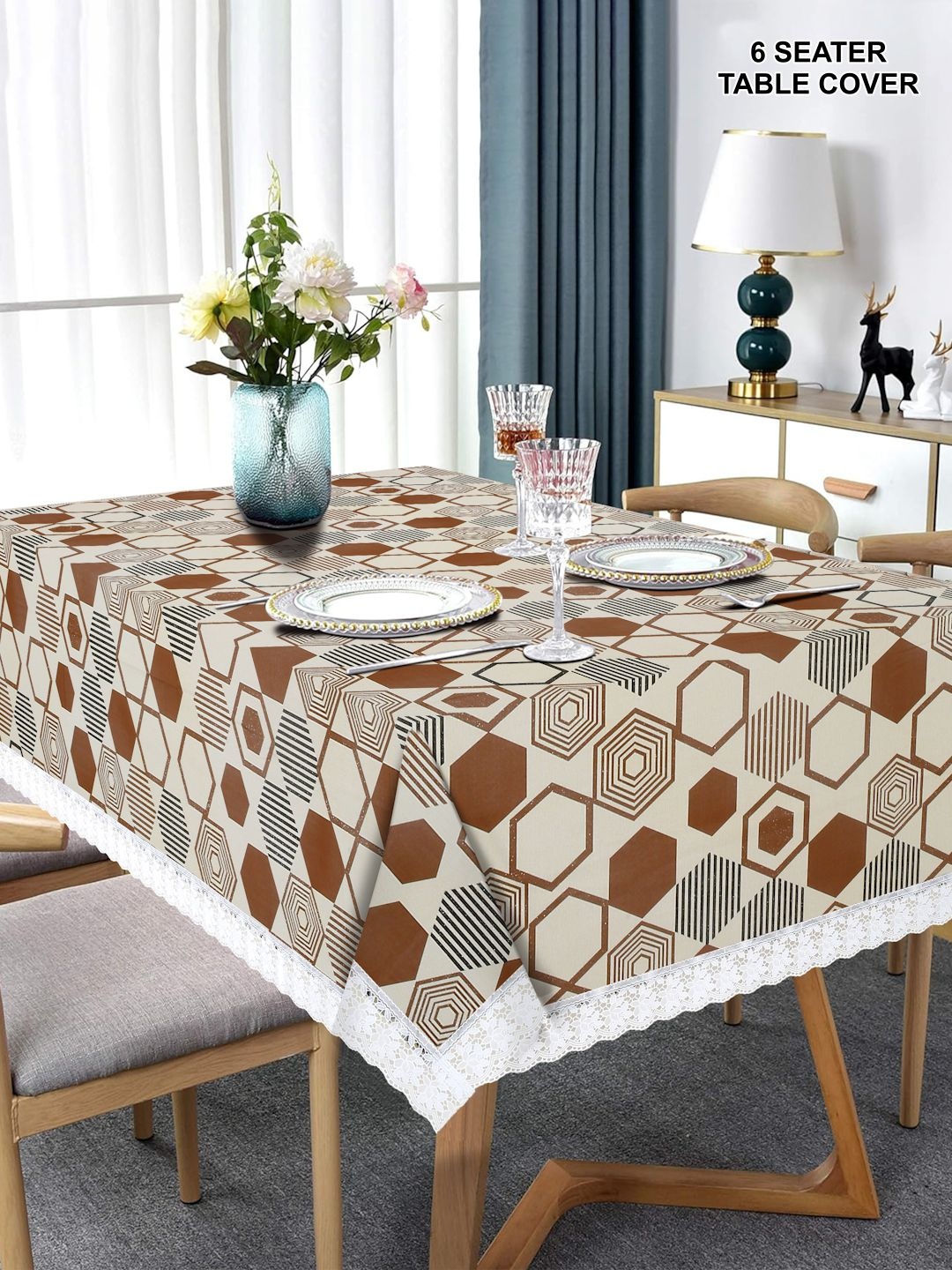

DREAM WEAVERZ Beige & Brown Floral Rectangle Waterproof 6-Seater Table Cover