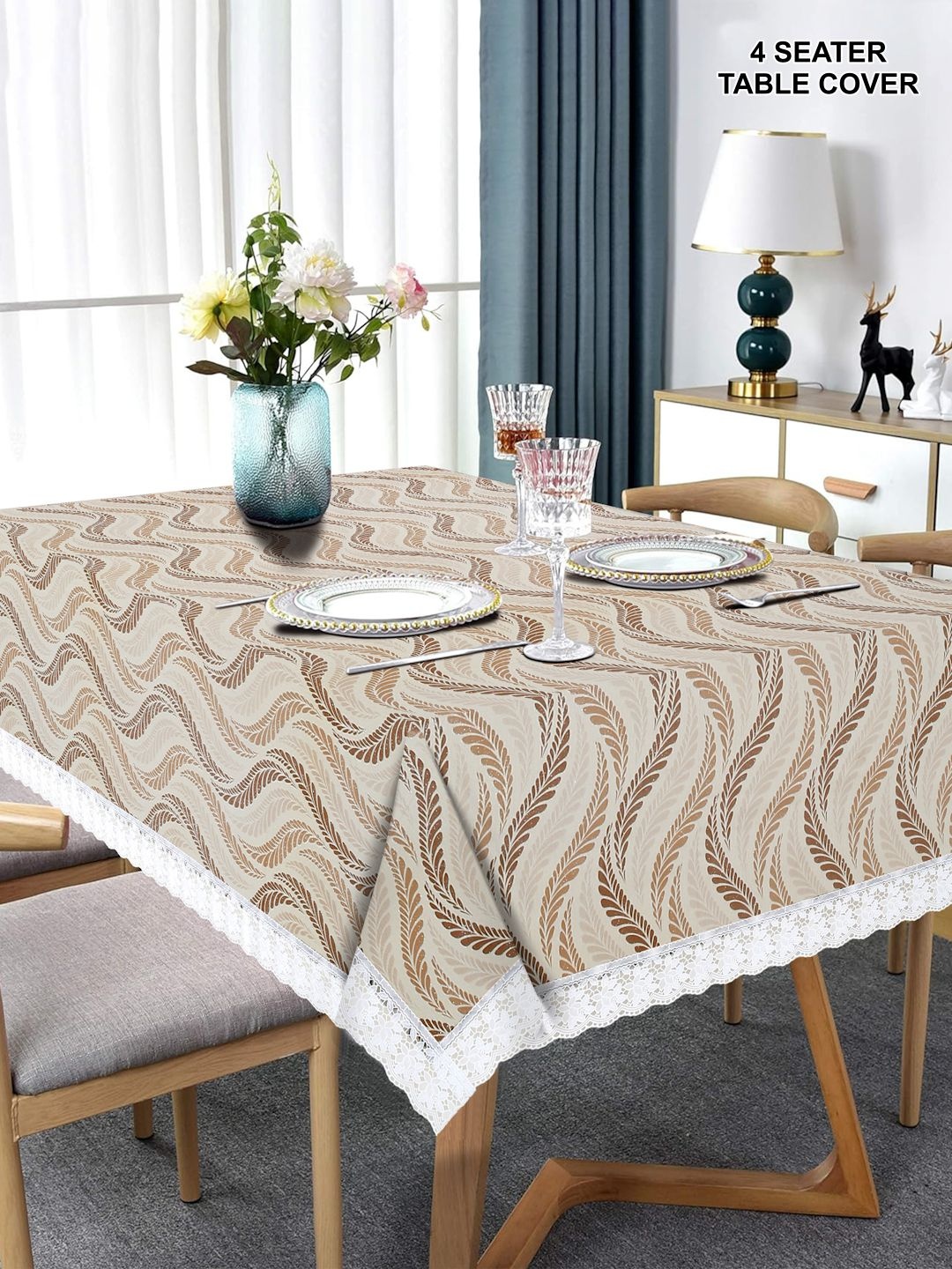 

DREAM WEAVERZ Beige & Blue Floral Rectangle Waterproof 4-Seater Table Cover