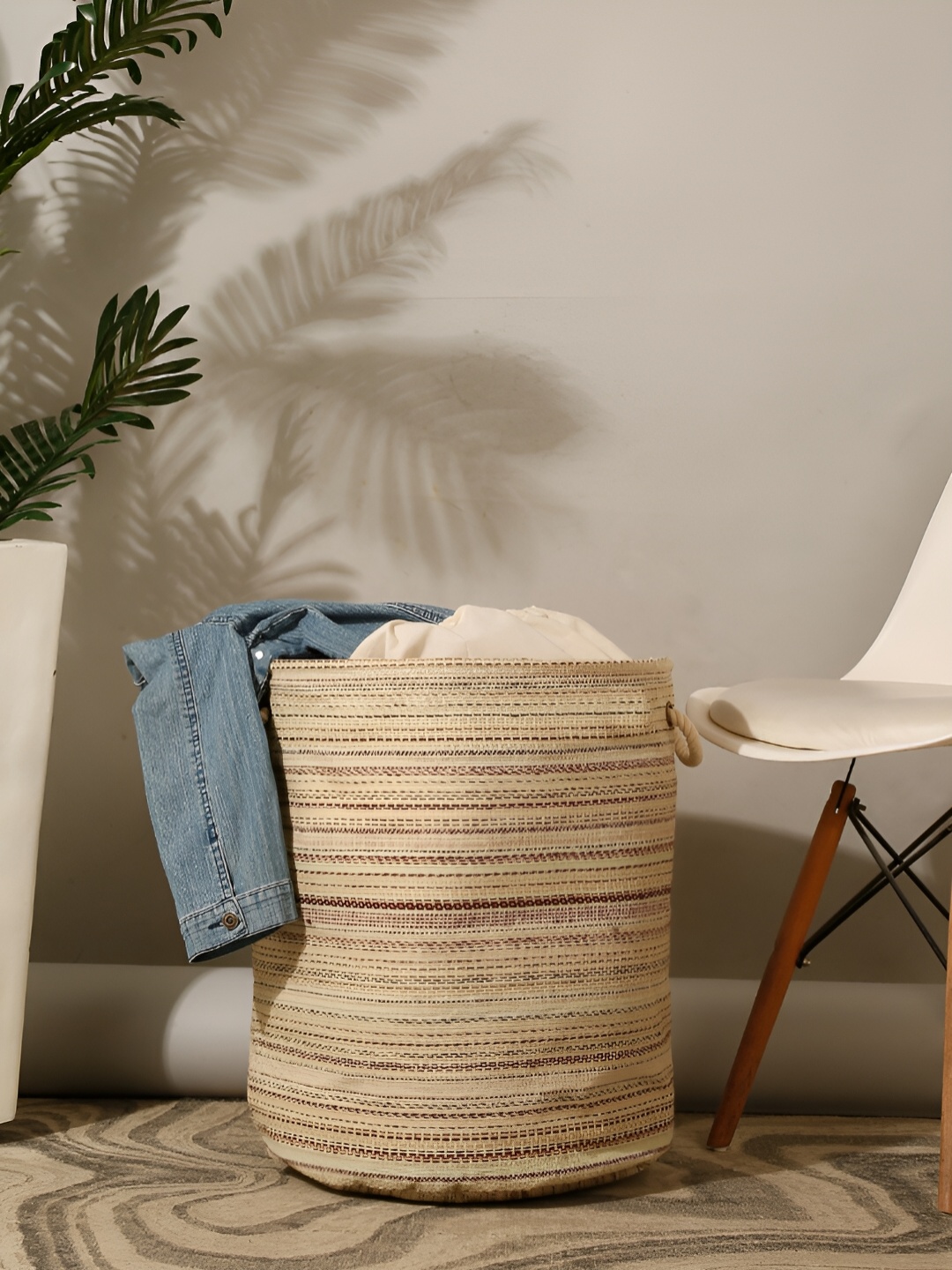 

DREAM WEAVERZ Medium Cylinder-Shaped Beige Woven Laundry Basket