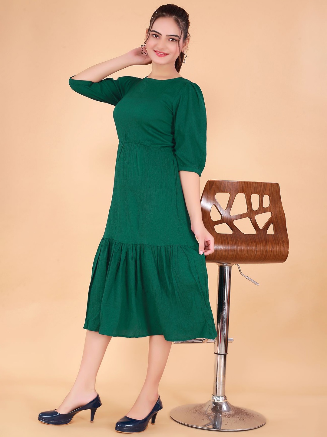 

BAESD Round Neck A-Line Cotton Midi Dress, Green