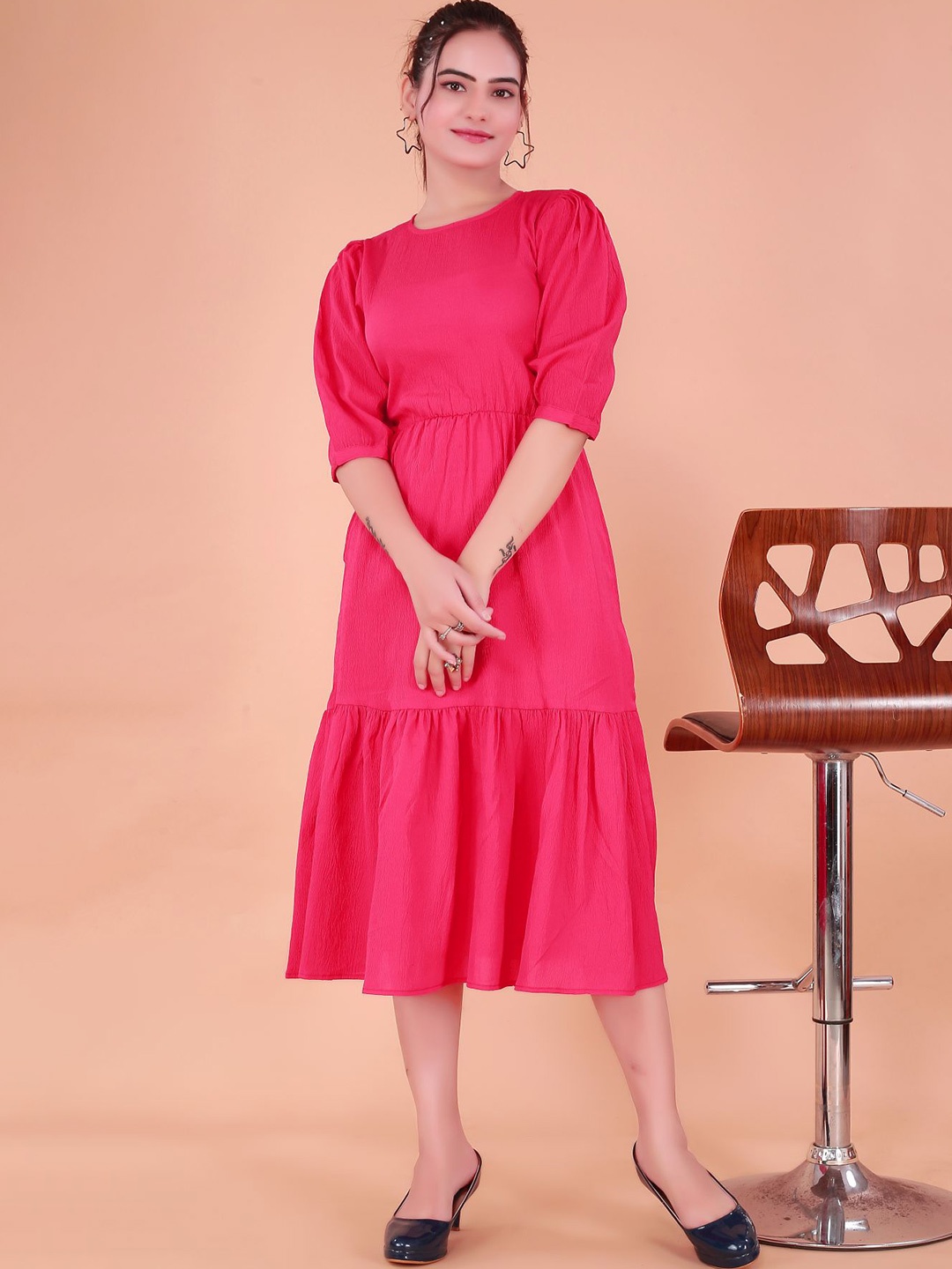 

BAESD Round Neck Puff Sleeve A-Line Dress, Pink