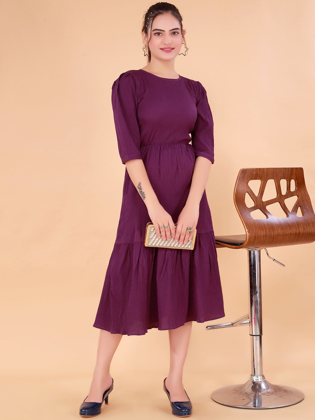 

BAESD Round Neck Fit & Flare Cotton Midi Dress, Purple