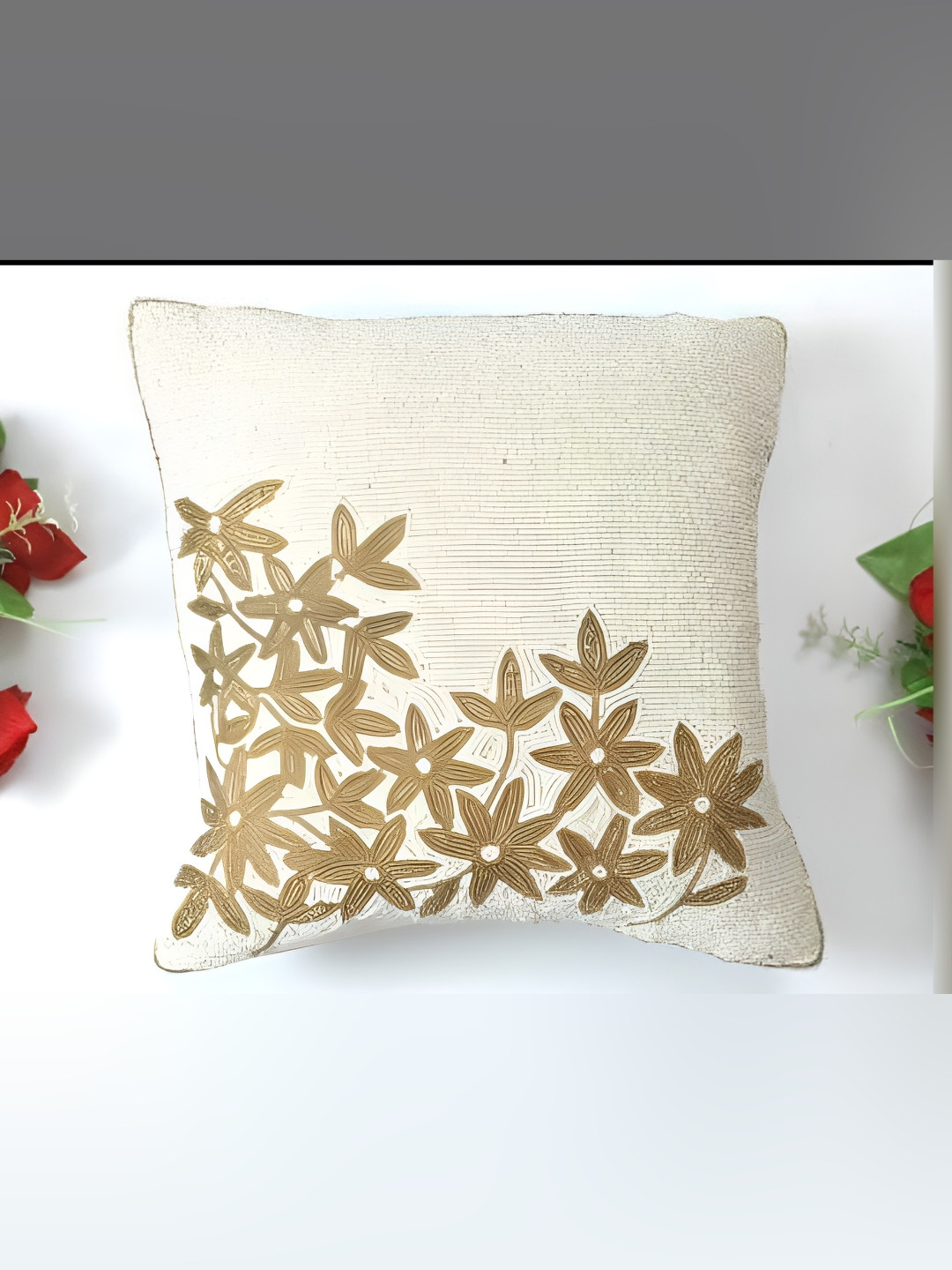 

YWULY White & Beige Embroidered Square Cushion Cover