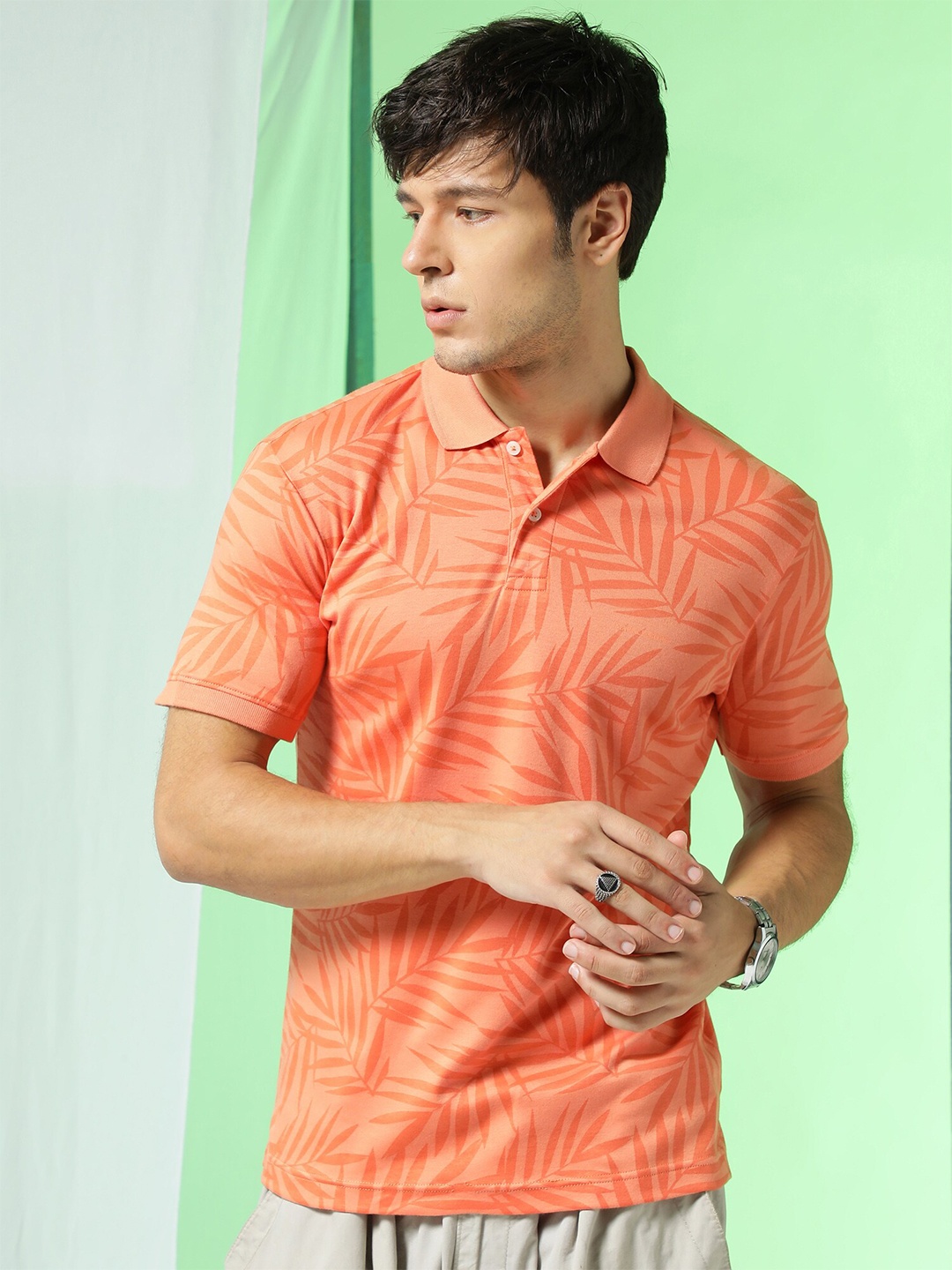 

Markle Moro Men Floral Printed Polo Collar Tropical Cotton T-shirt, Orange