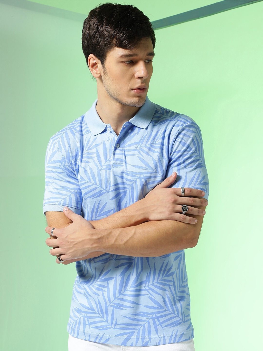 

Markle Moro Floral Printed Polo Collar Tropical Cotton T-shirt, Blue