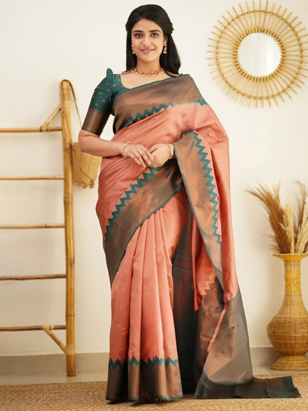 

MUKHITA Floral Woven Design Zari Kanjeevaram Saree, Peach