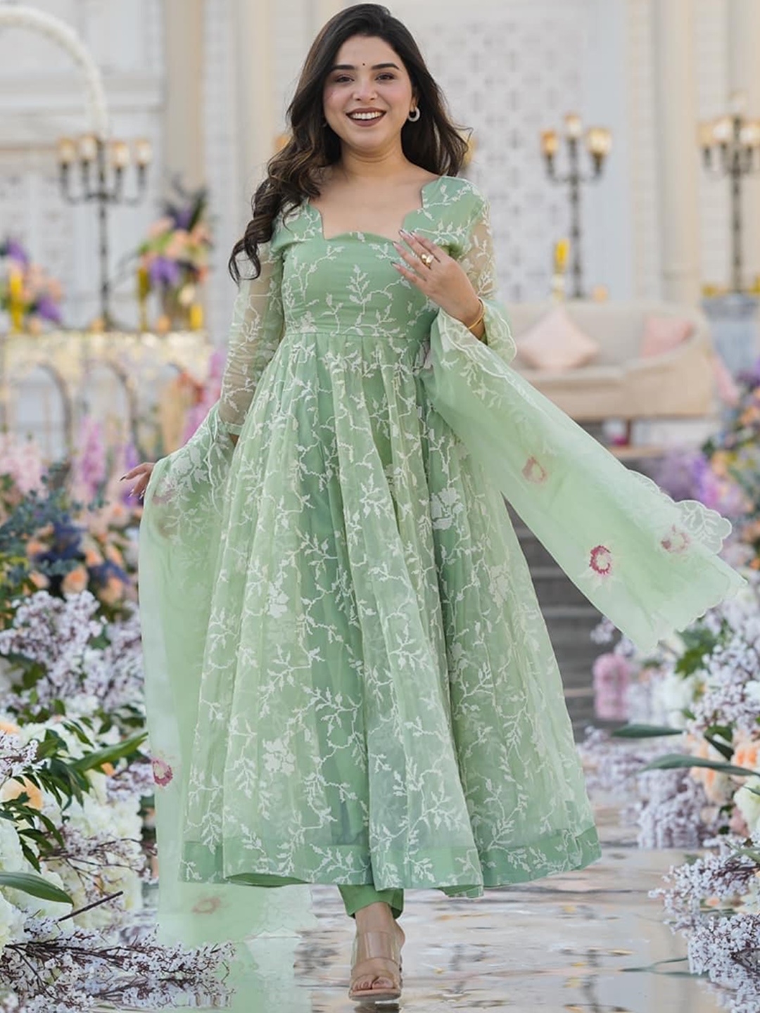 

ESTELA Floral Embroidered Thread Work Anarkali Kurta With Trousers & Dupatta, Lime green