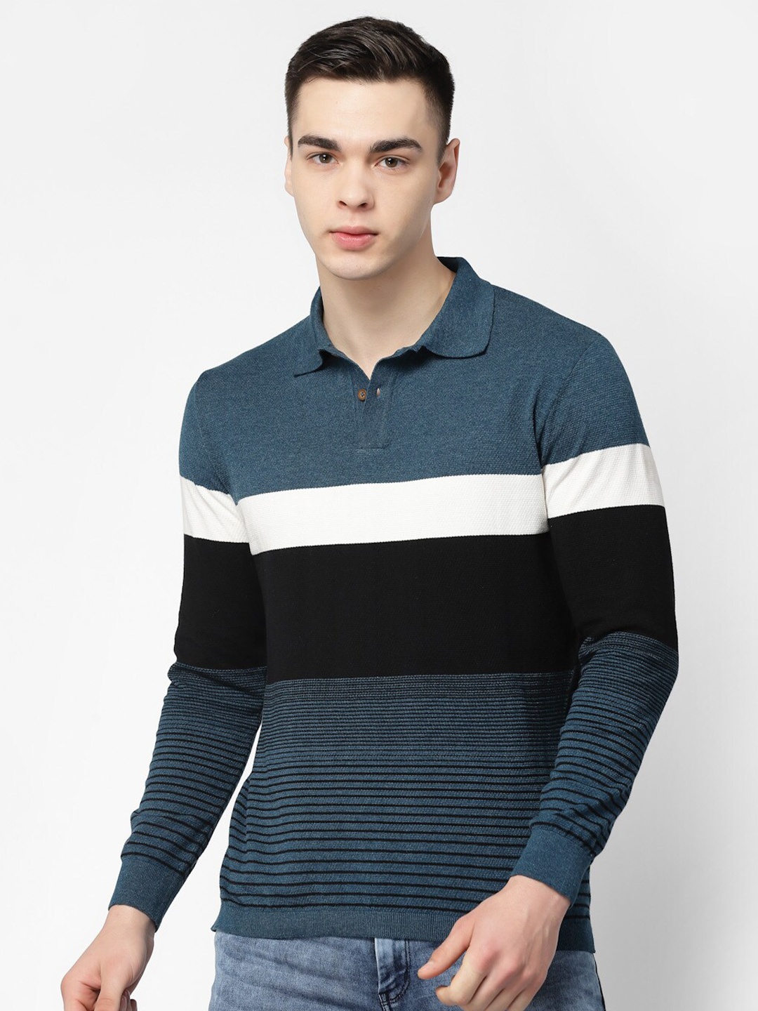 

Kalt Colourblocked Polo Collar Cotton T-shirt, Teal