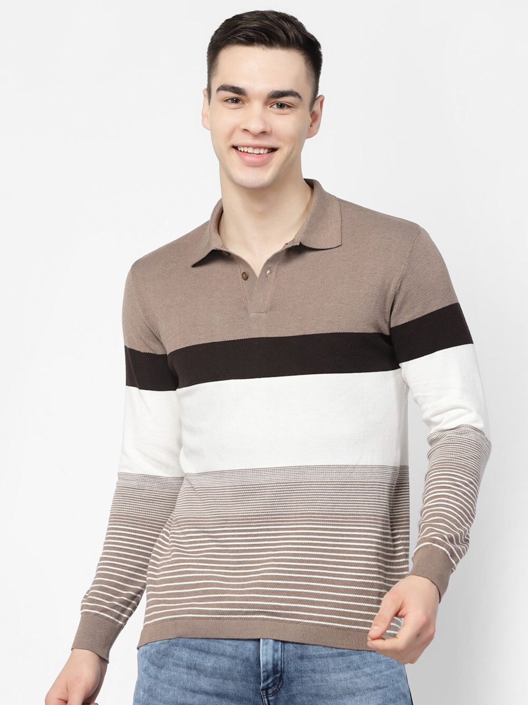 

Kalt Colourblocked Polo Collar Long Sleeves Cotton T-shirt, Brown