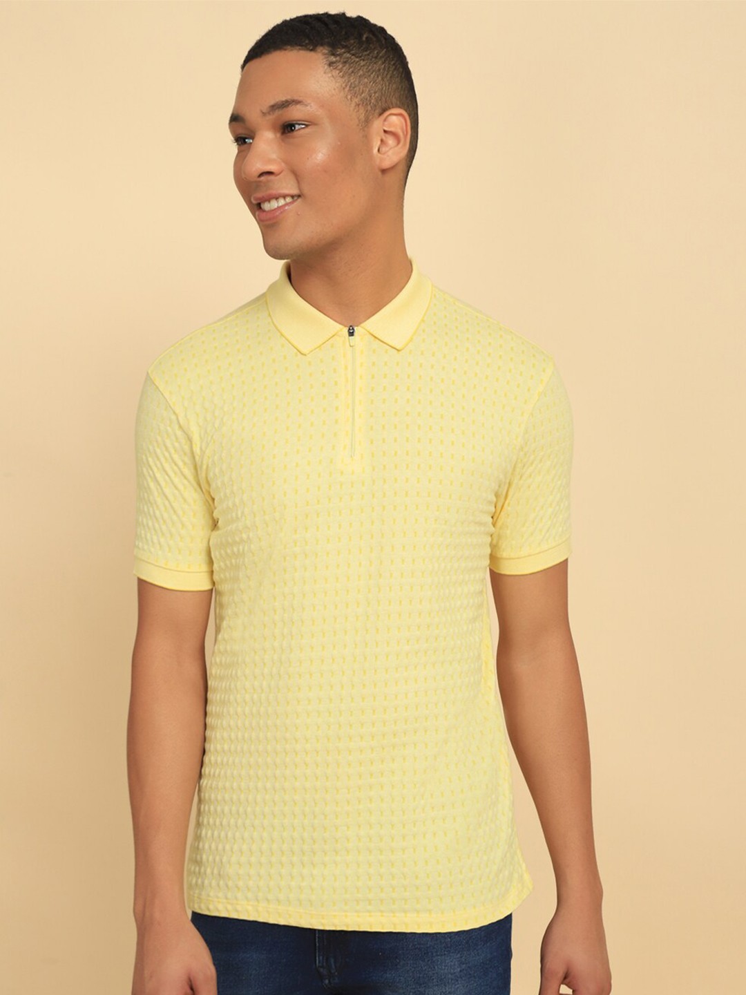 

Allen Solly Geometric Textured Polo Collar Cotton T-shirt, Yellow