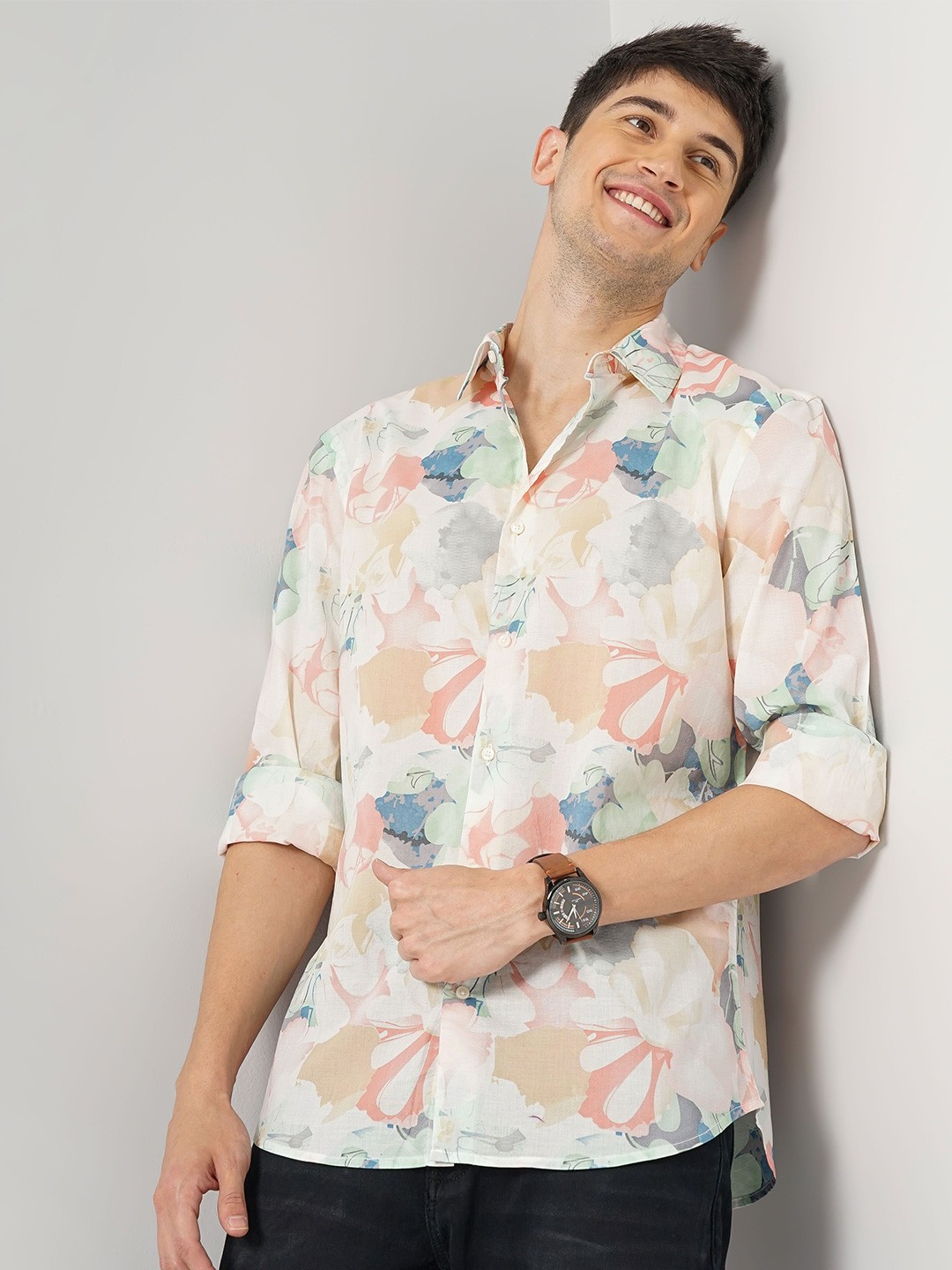 

Celio Men Classic Floral Printed Cotton Casual Shirt, Peach