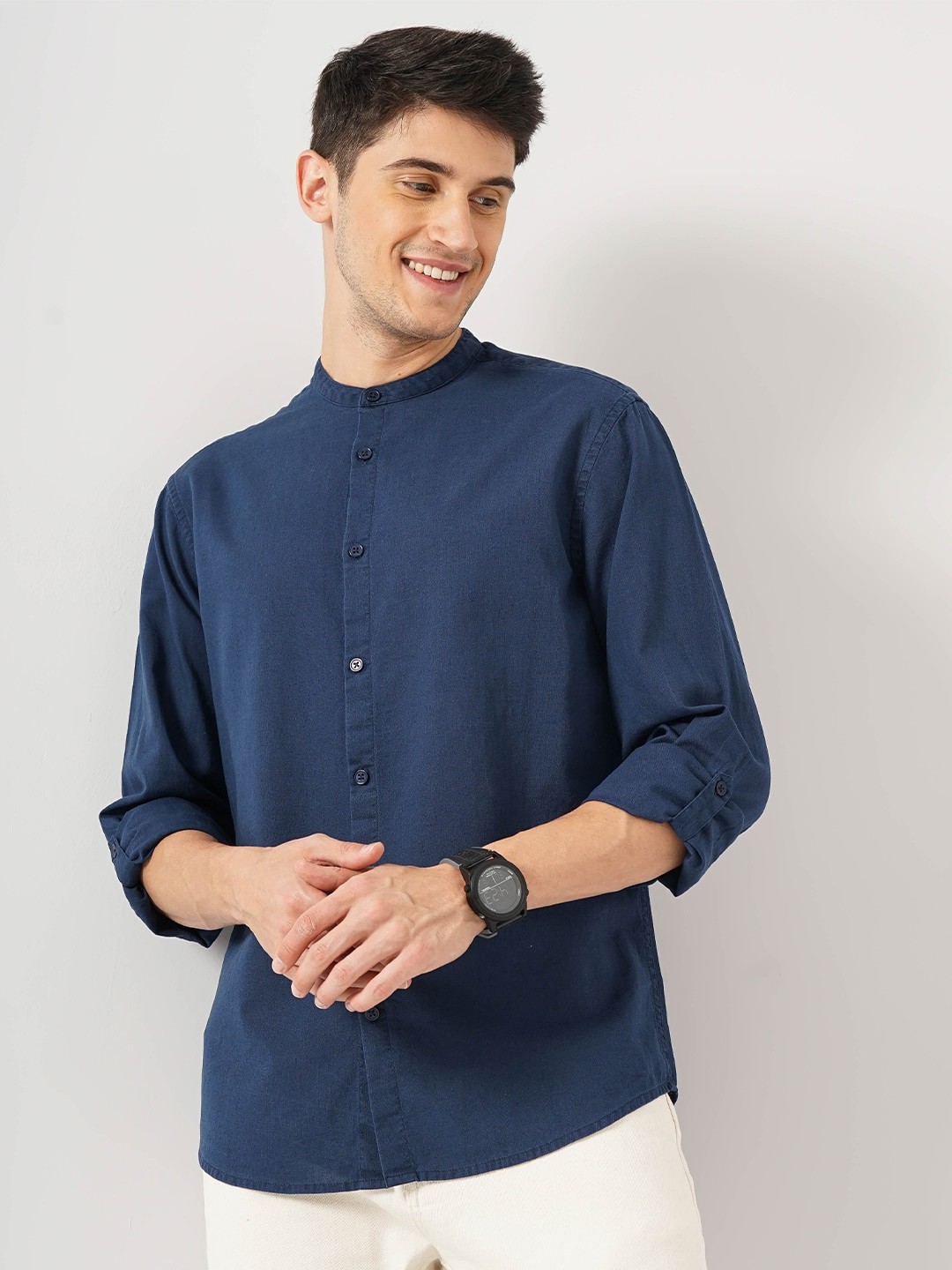 

Celio Classic Cotton Mandarin Collar Curved Casual Shirt, Blue