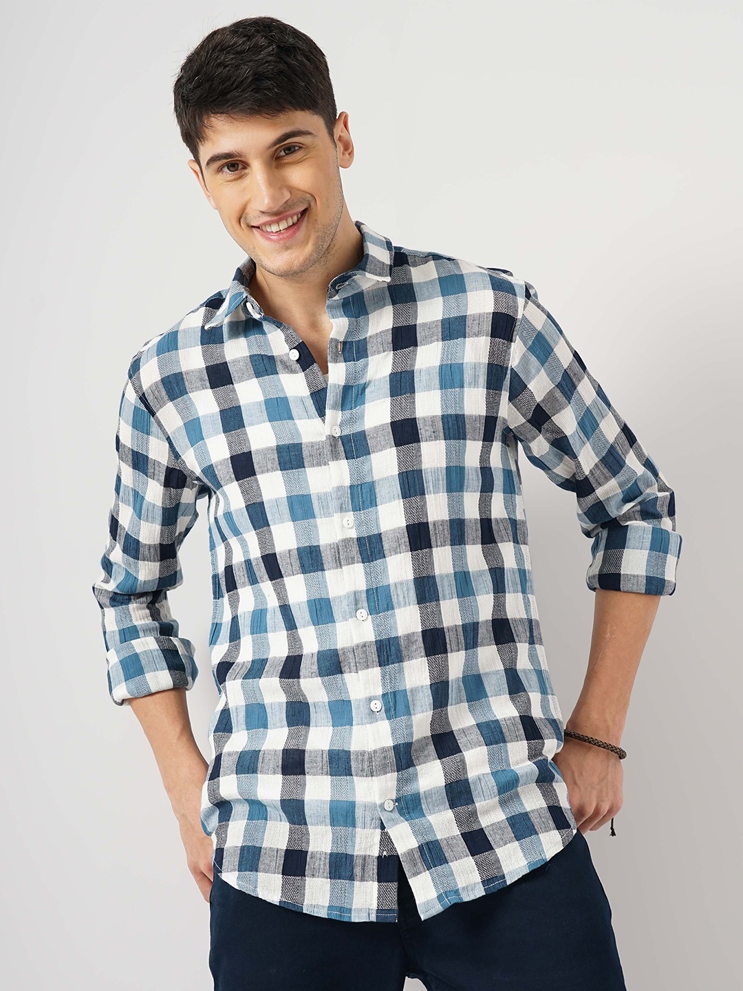 

Celio Classic Checked Spread Collar Curved Cotton Casual Shirt, Blue