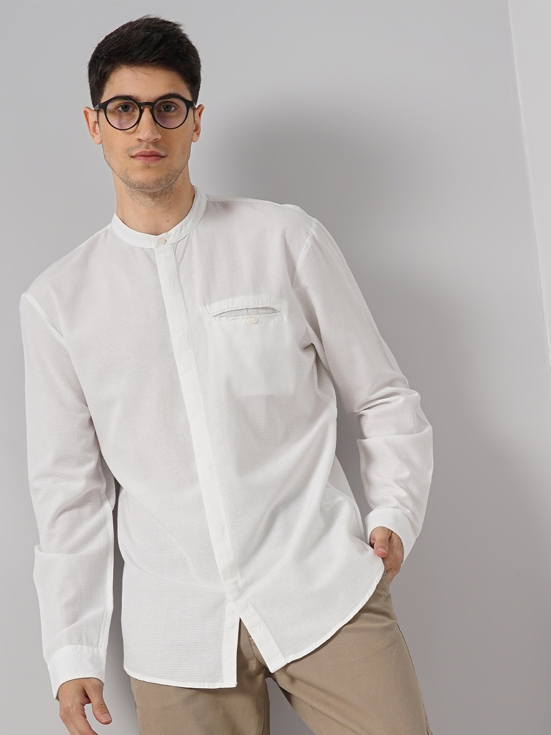 

Celio Classic Cotton Mandarin Collar Curved Casual Shirt, White