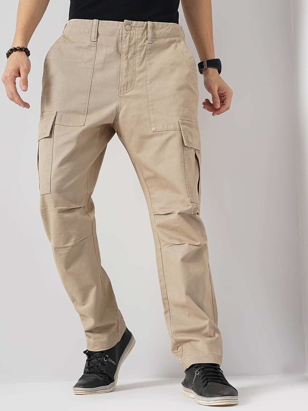 

Celio Men Straight Fit Cotton Mid-Rise Cargo Trousers, Beige