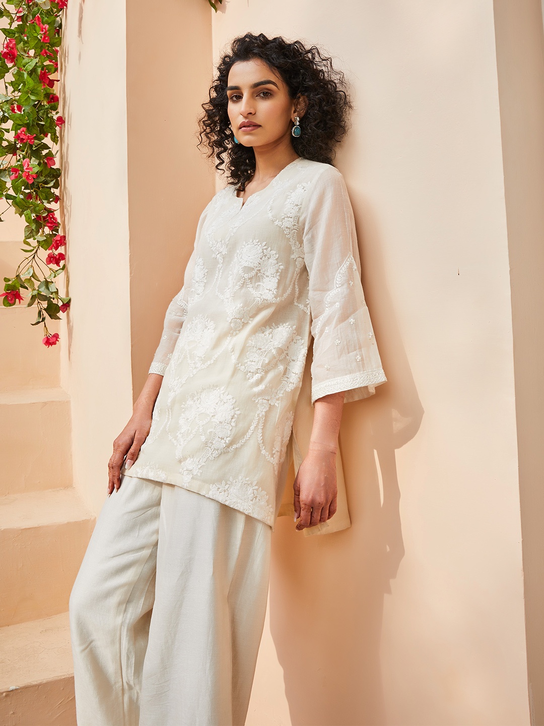 

Biba Floral Embroidered Regular Thread Work Kurta with Palazzos, Off white