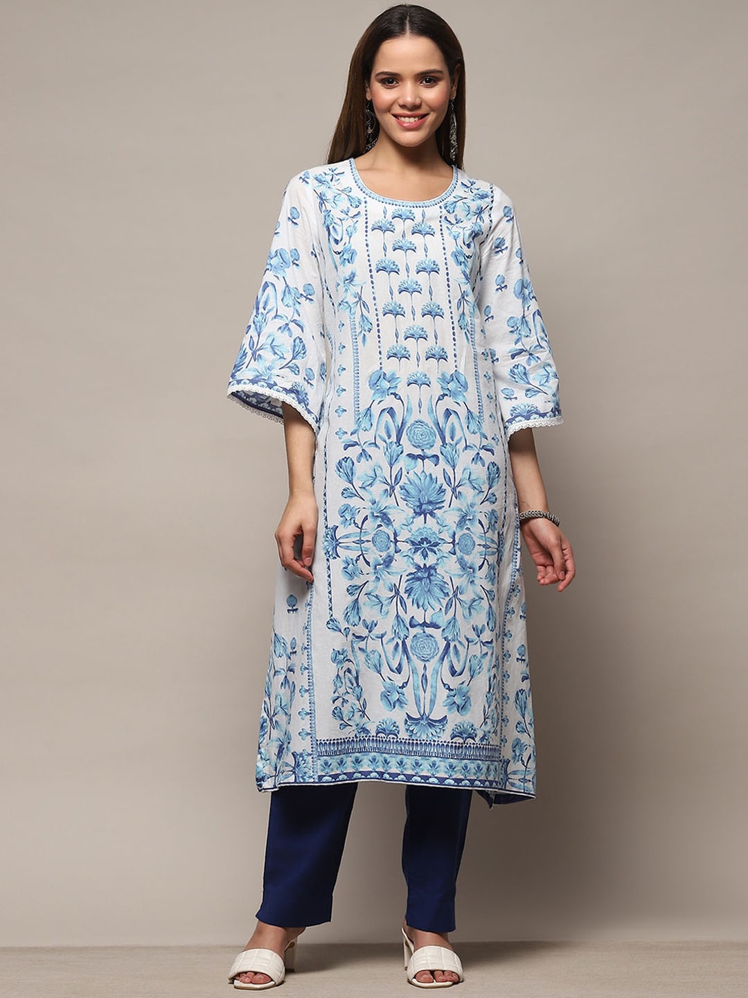 

Biba Floral Printed Round Neck Kurta, White