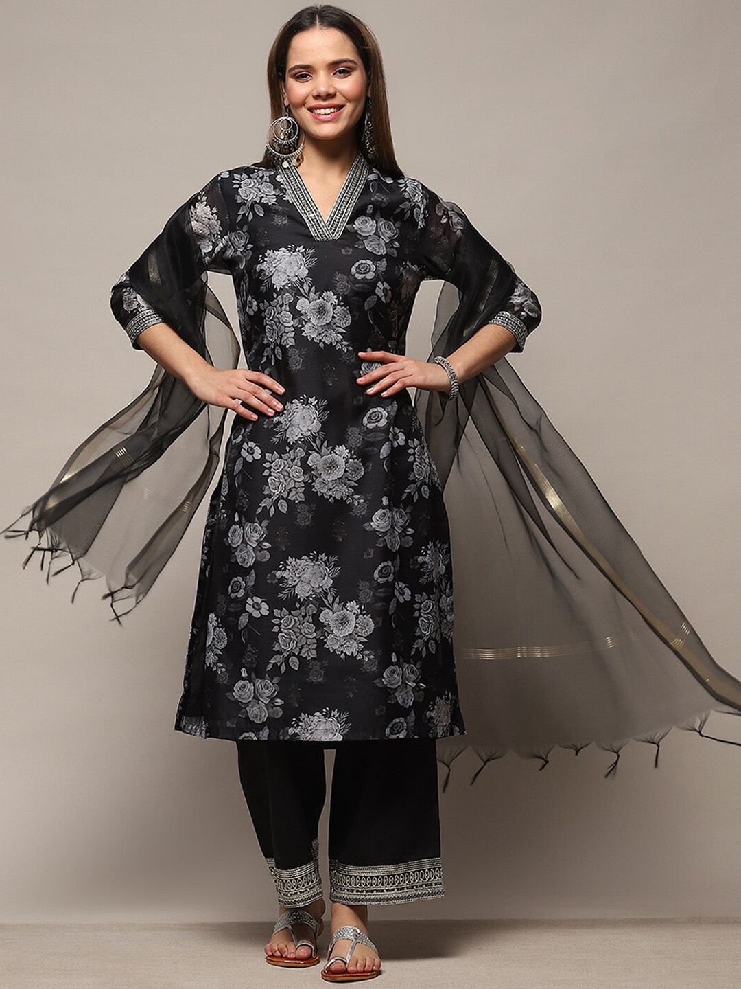 

Biba Floral Printed Regular Kurta with Palazzos & Dupatta, Black