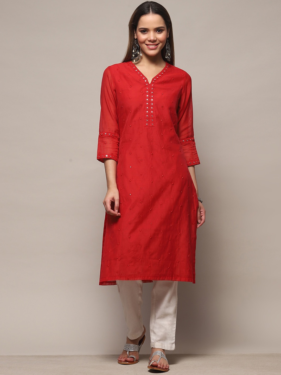 

Biba Floral Embroidered V-Neck Mirror Work Kurta, Red